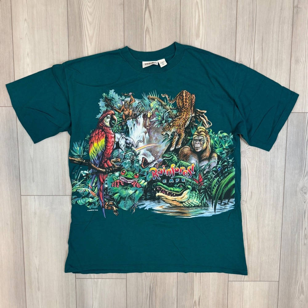 Vintage 1997 Rainforest Cafe T Shirt XXL Green Habitat XCVII Made in USA 90s Tee
